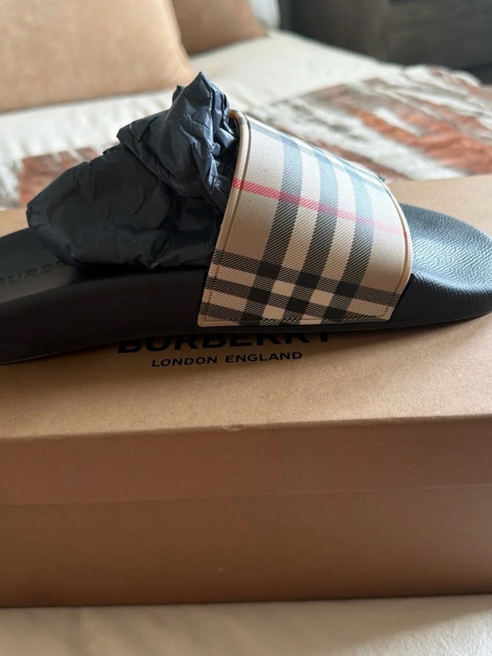 Versace Beige Plaid Slide Sandals with Black Footbed